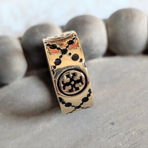 TORY BURCH Icon Monogram Ring Black on Gold Size 8